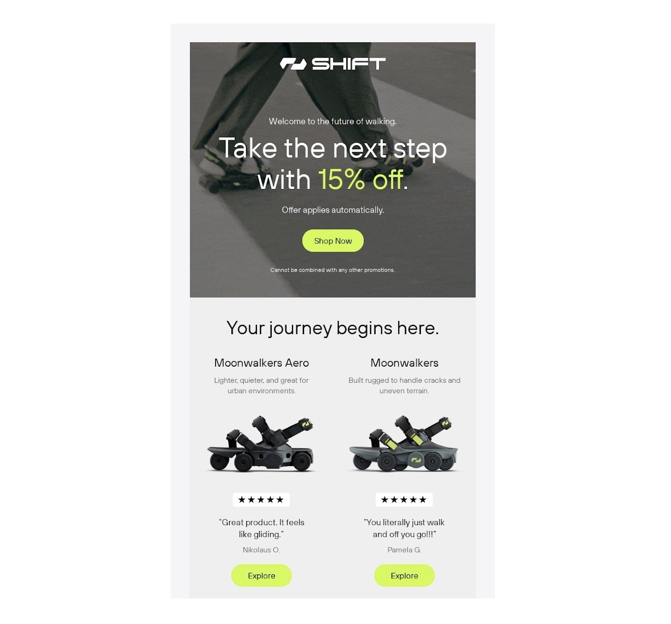 A welcome email, by Shift Robotics, which includes some of their best-selling products and a 15% discount.