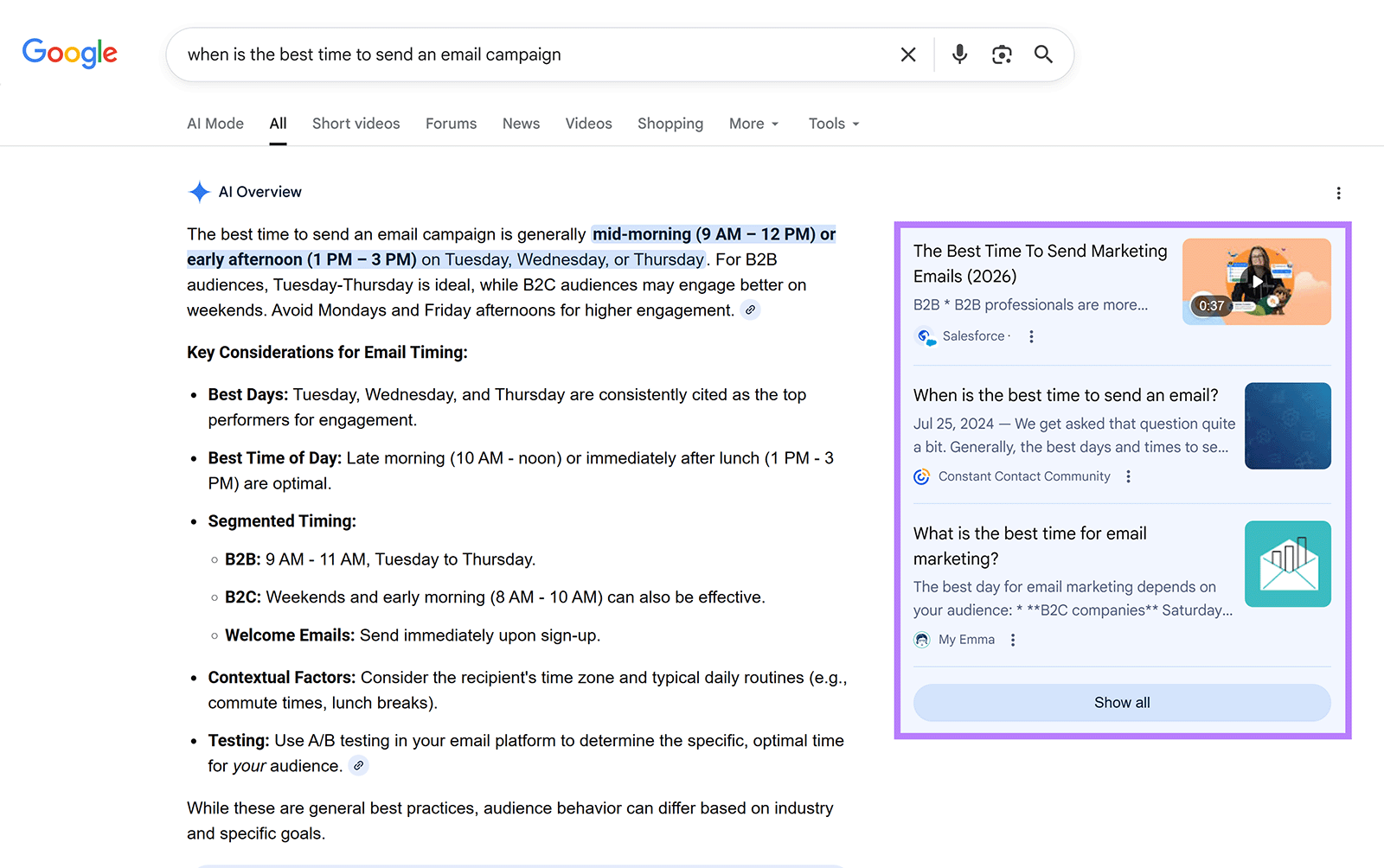 Google AI Overview showing best times to send email campaigns, with highlighted sources panel.