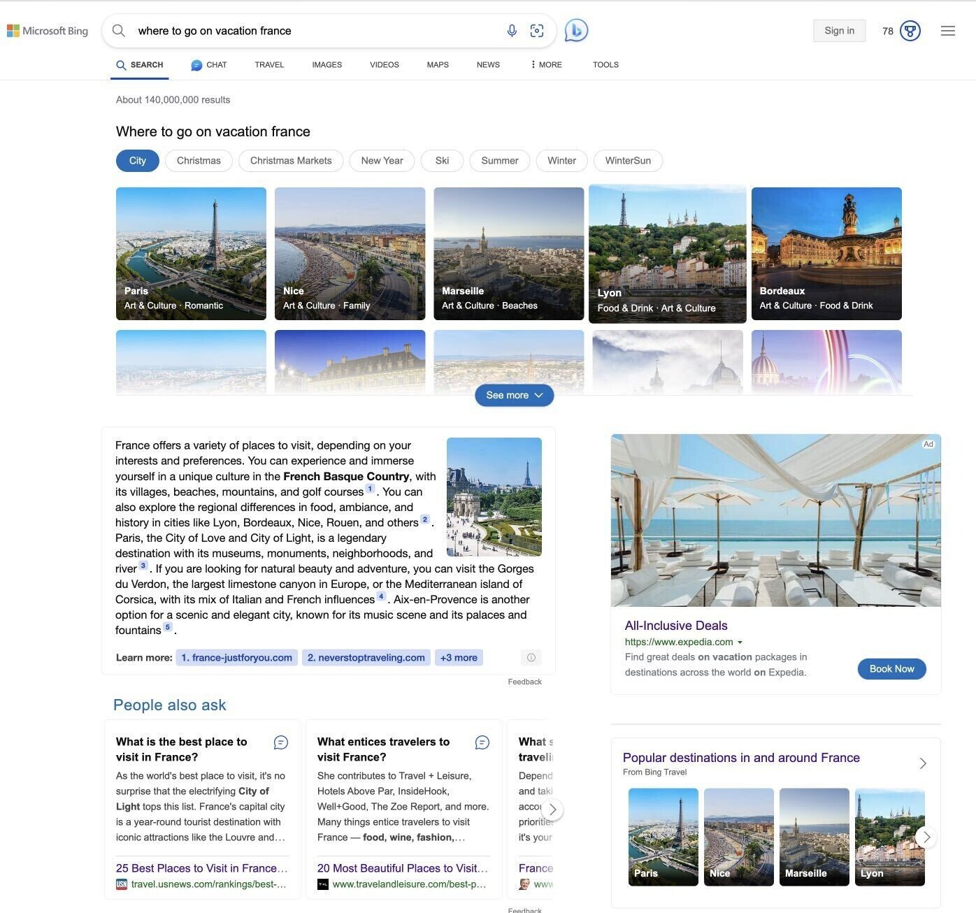 Bing SERP for “where to go on vacation france” with a summary of travel advice generated by AI