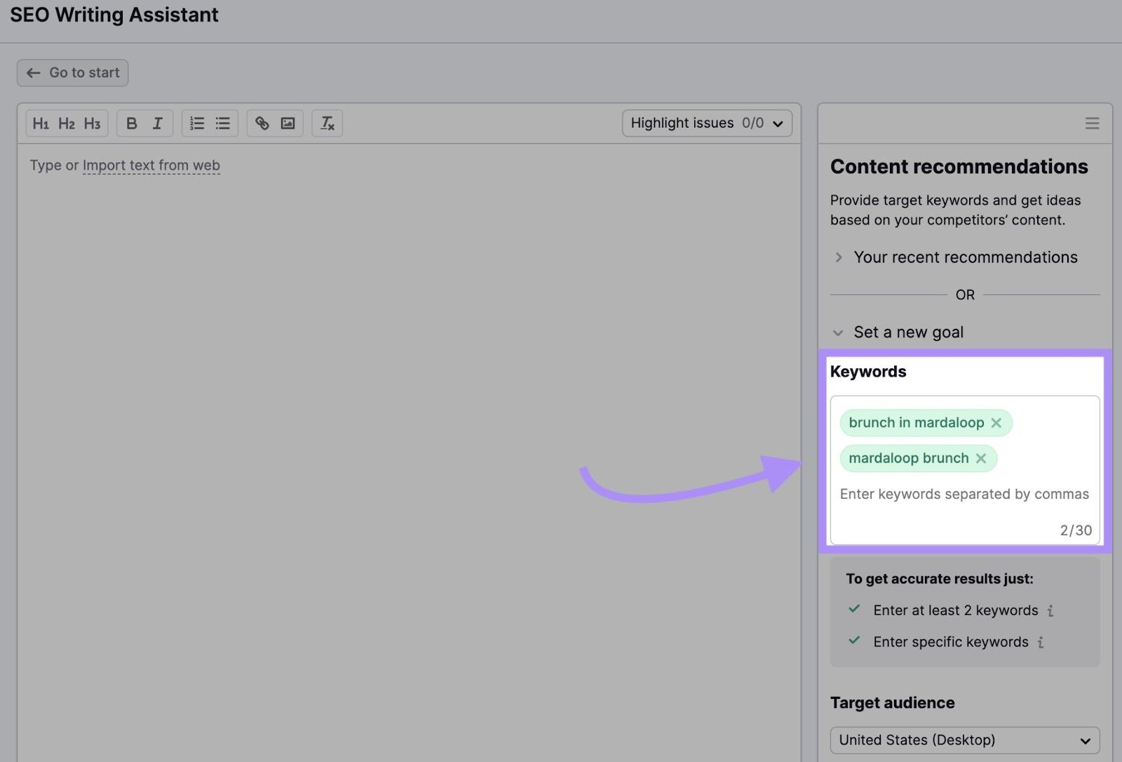 "brunch in mardaloop," and "mardaloop brunch" keywords entered into the SEO Writing Assistant