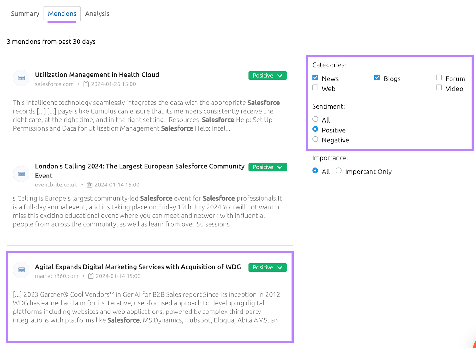 "Mentions" dashboard in Media Monitoring app