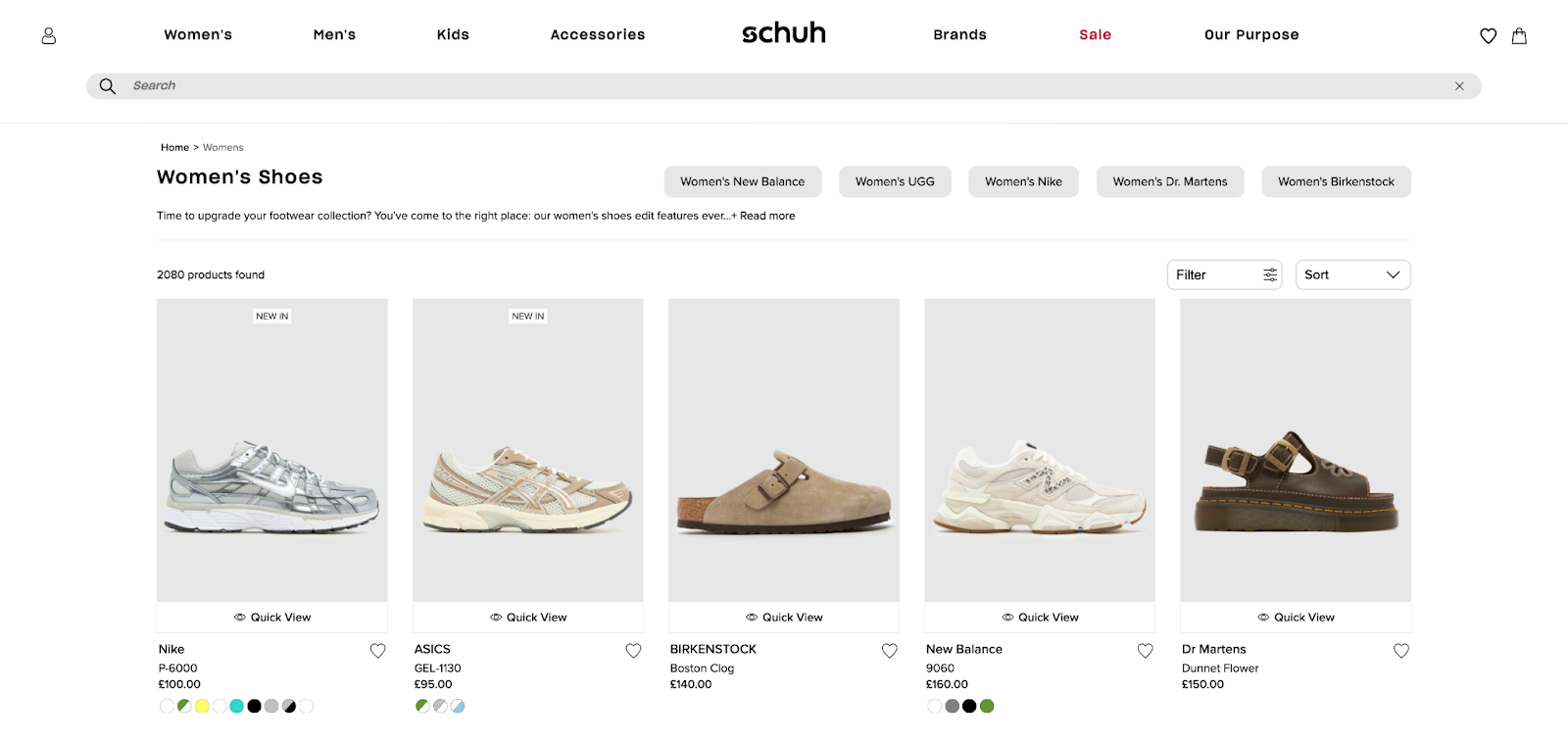 The "women's shoes" category page on the Schuh website showing a list of related products.