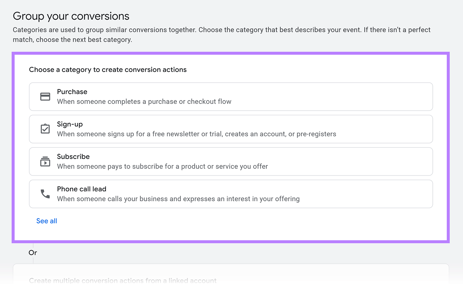 Google Ads conversion grouping screen with category options like Purchase, Sign-up, Subscribe, and Phone call lead