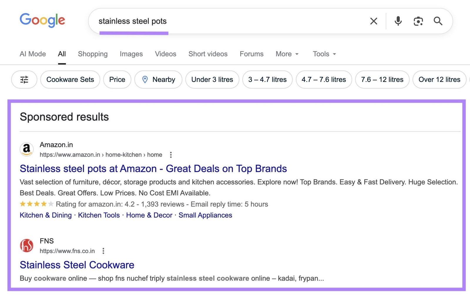 Google SERP for the term "stainless steel pots" with the sponsored results at the top of the page highlighted.