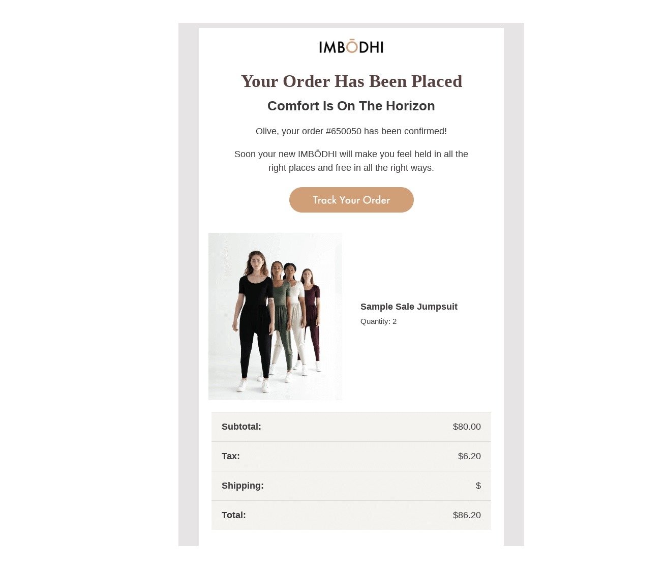 A post-purchase follow-up email, by Imbodhi, confirming order details along with a link to track the order.
