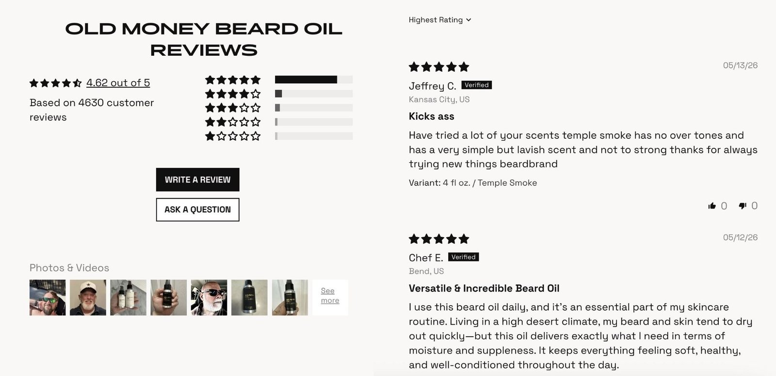 A product page on the Beardbrand website showing star ratings, reviews, and customer photos.
