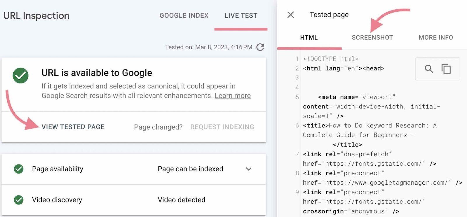 Tested page view
