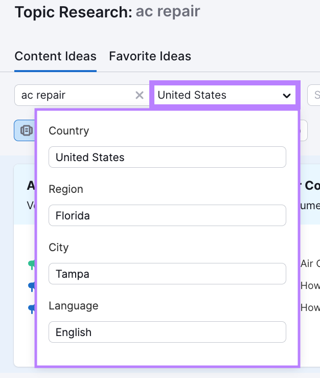 Location set to "Tampa, Florida, US" in Topic Research results