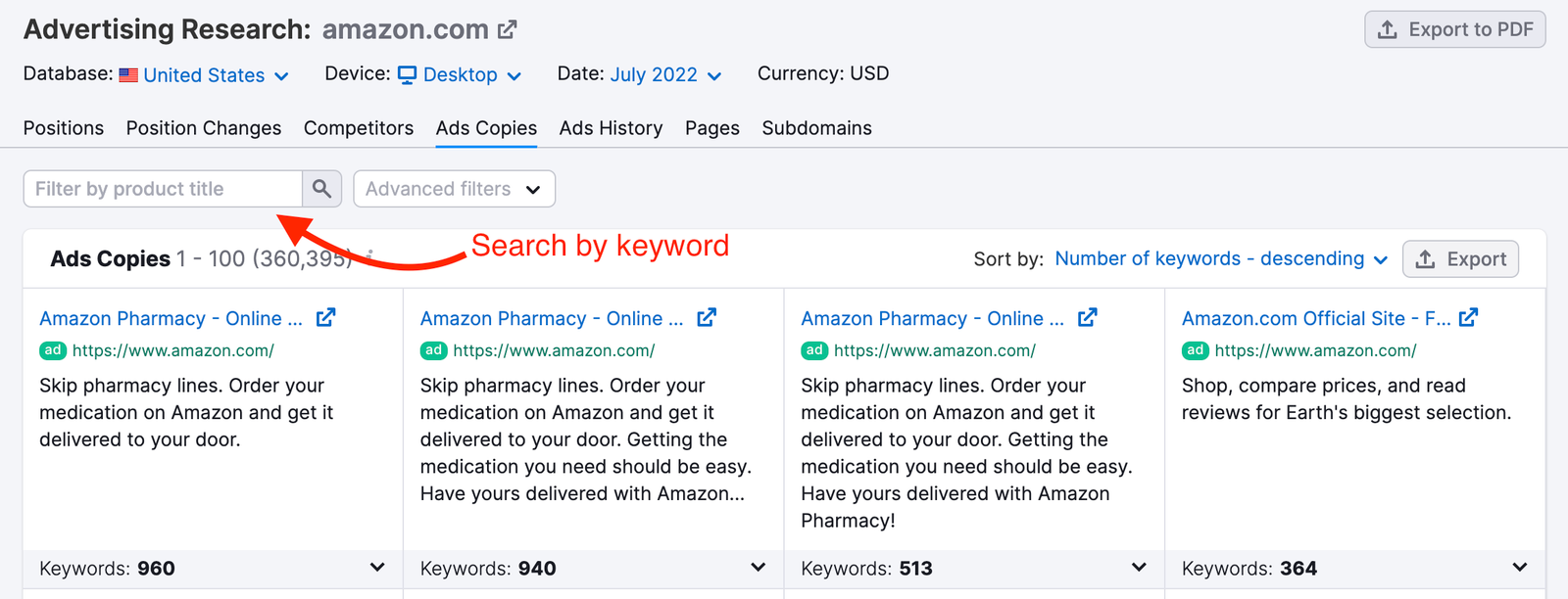 Advertising Research Ad Copies report. A red arrow points to the 'filter by product title' search bar. The red arrow is labeled as 'search by keyword'. 