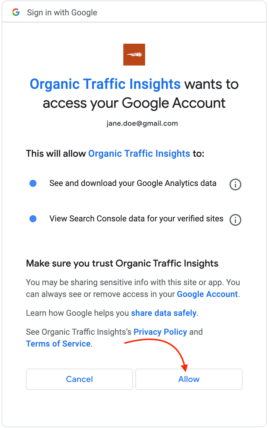 Sign in Google account with a red arrow pointing to the Allow button.
