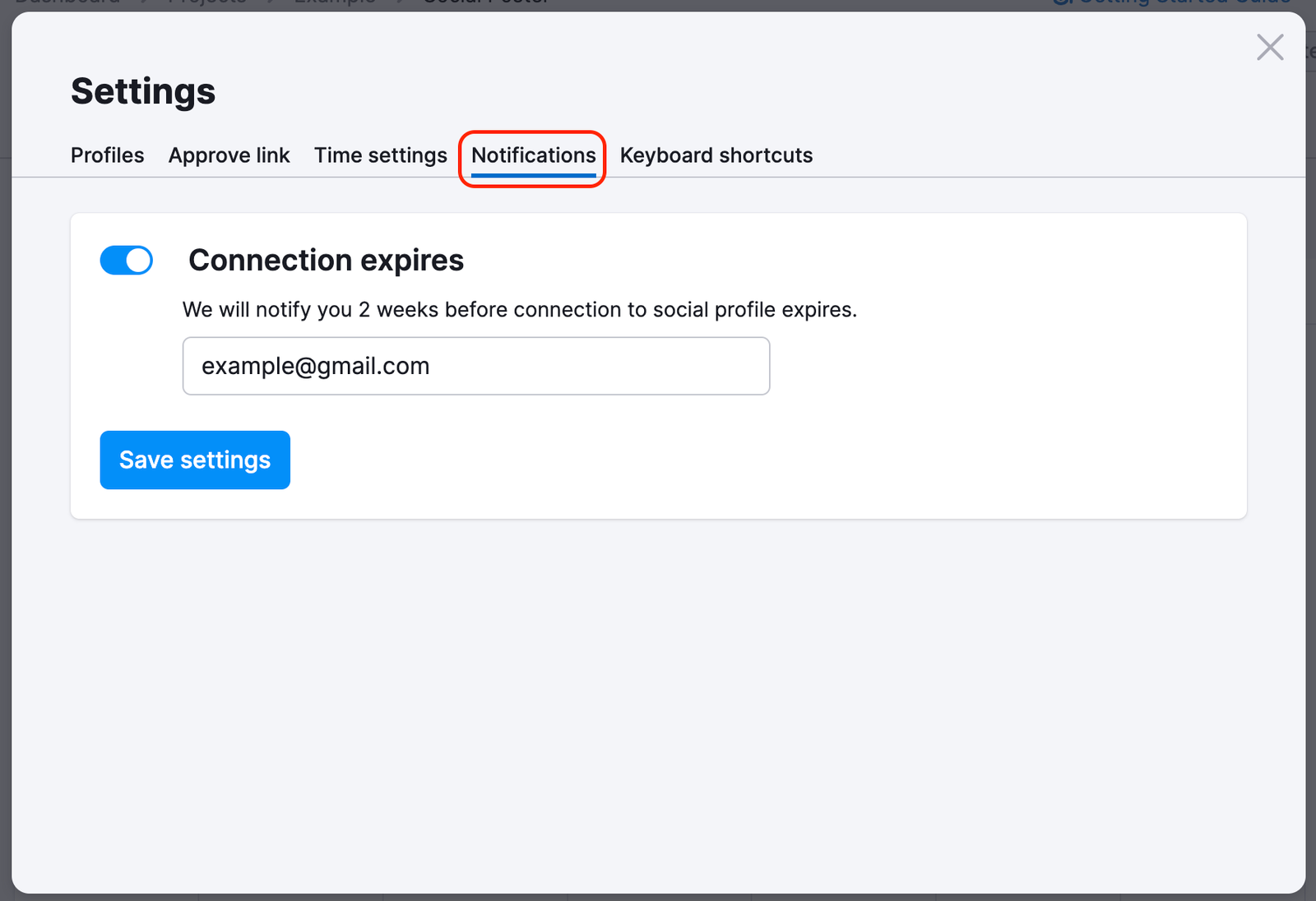 Settings pop-up window with the Notifications tab being highlighted.