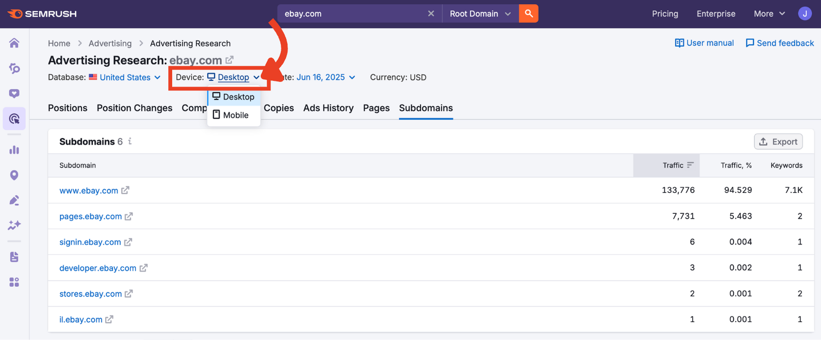 Device filter set to Desktop in Advertising Research.